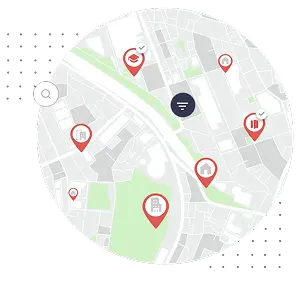 Karta som visar bostadsplatser med markörer