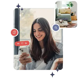 Kvinna använder smartphone för att hantera hyresbostad